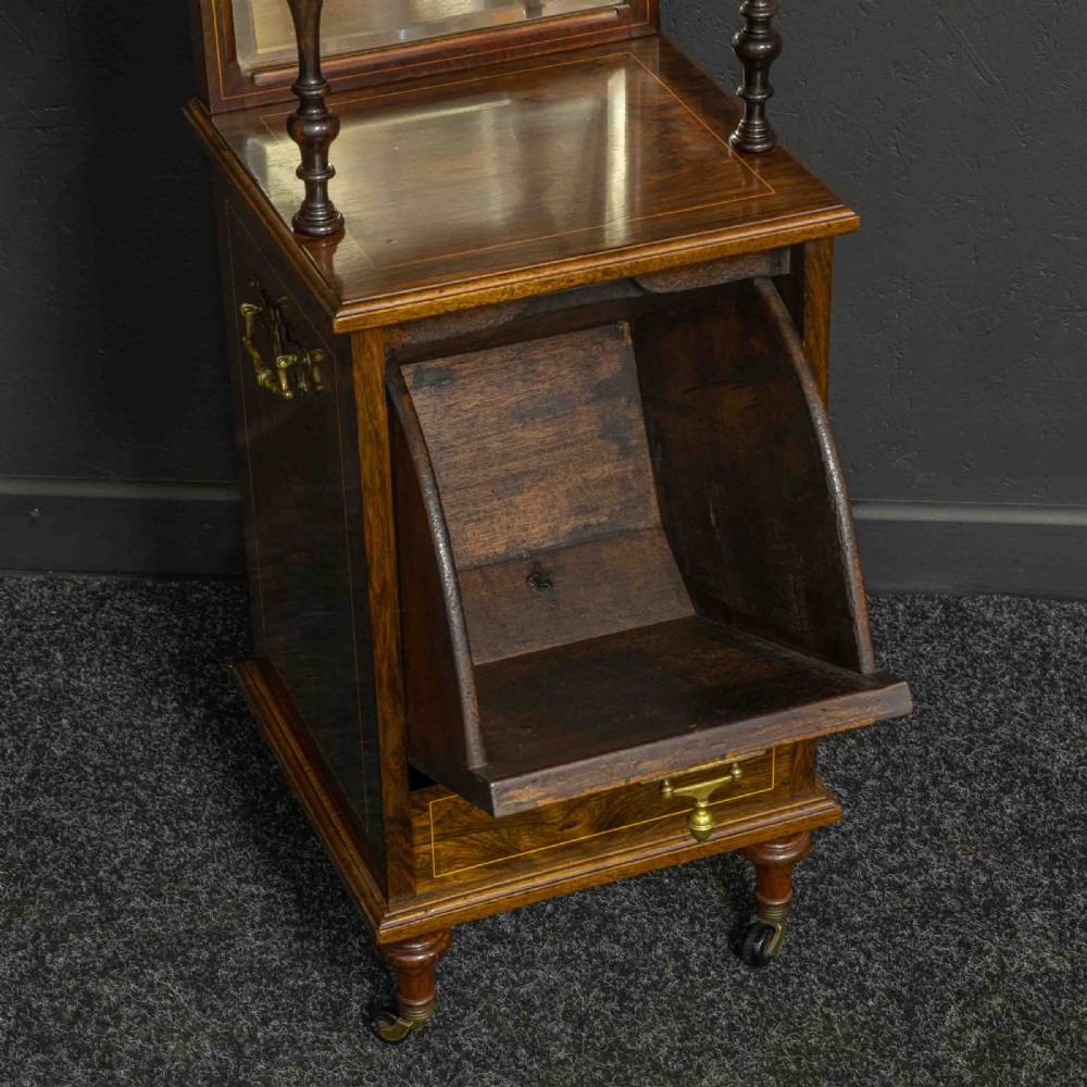 A pair of Edwardian inlaid rosewood bedside cabinets featuring brass gallery tops, mirrored upper shelves with turned pillars, and floral marquetry doors. View XIV