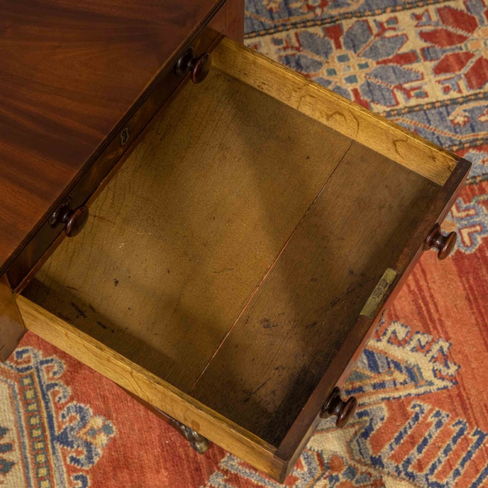 A Regency mahogany drop-leaf worktable featuring two drawers with wooden knobs, a turned pedestal column, and tripod legs with brass paw feet. View VII