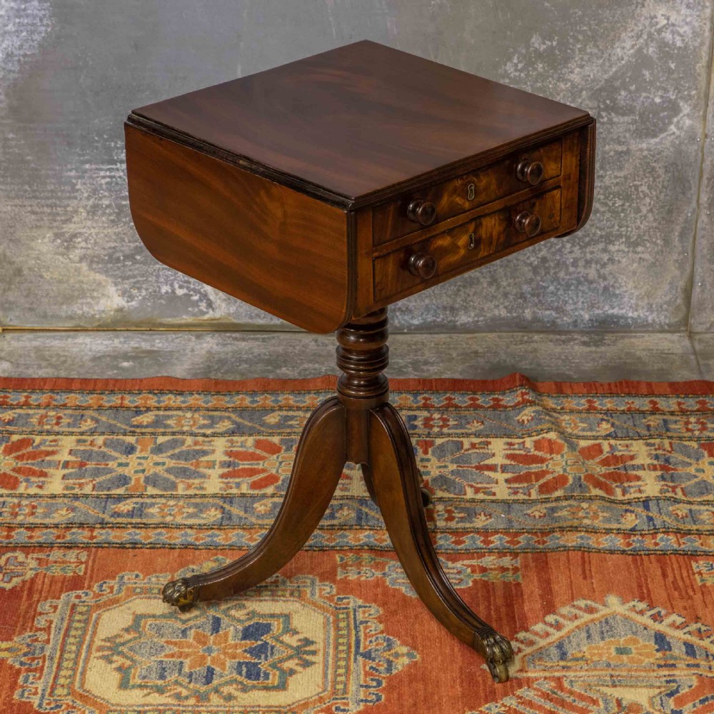 A Regency mahogany drop-leaf worktable featuring two drawers with wooden knobs, a turned pedestal column, and tripod legs with brass paw feet. View VIII