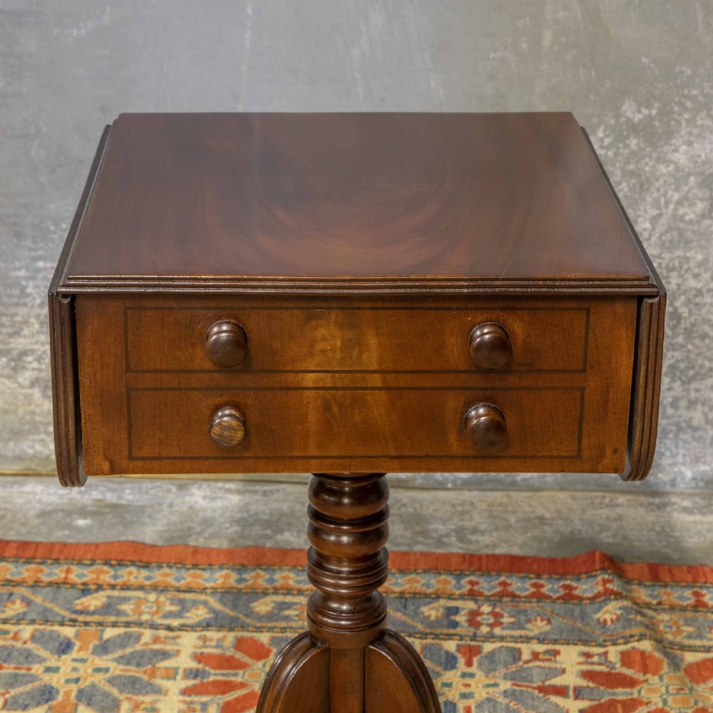 A Regency mahogany drop-leaf worktable featuring two drawers with wooden knobs, a turned pedestal column, and tripod legs with brass paw feet. View XII