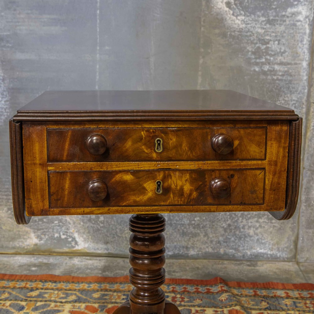 A Regency mahogany drop-leaf worktable featuring two drawers with wooden knobs, a turned pedestal column, and tripod legs with brass paw feet. View XV