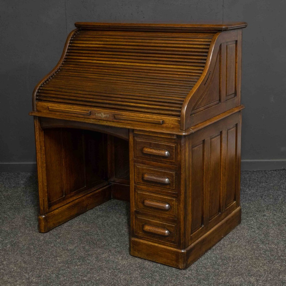 Edwardian Oak Roll Top Desk View IX