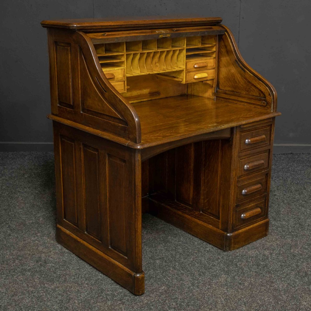 Edwardian Oak Roll Top Desk View XIII