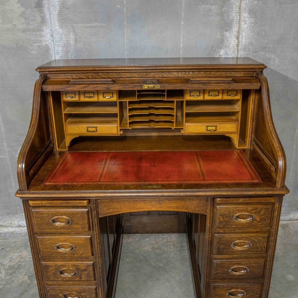 Edwardian Oak Roll Top Desk View XI
