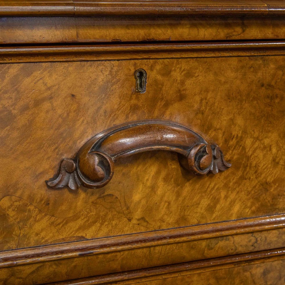 A Victorian burr walnut chest of drawers featuring a two-over-three drawer arrangement with carved handles and rounded corners on a plinth base. View II