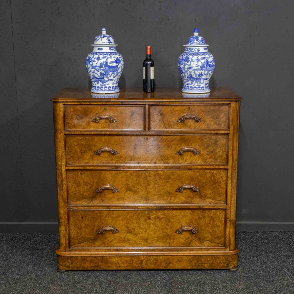 A Victorian burr walnut chest of drawers featuring a two-over-three drawer arrangement with carved handles and rounded corners on a plinth base. View III