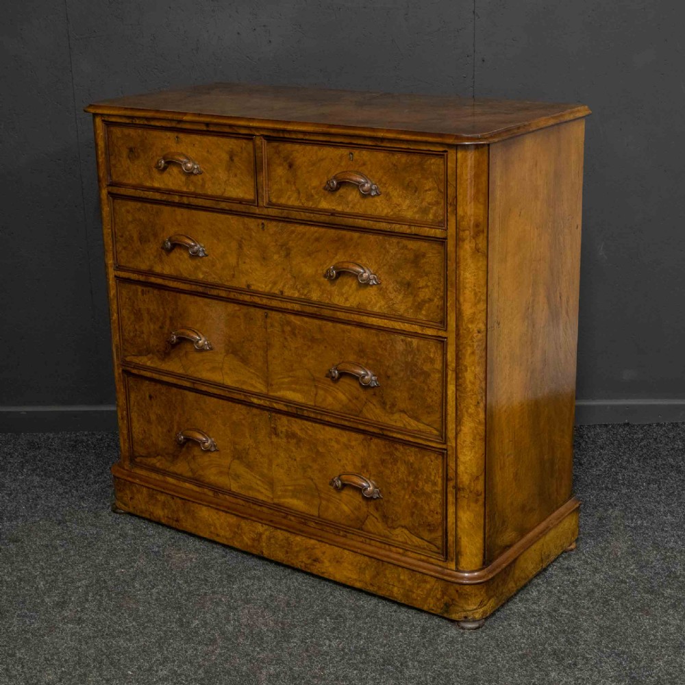 A Victorian burr walnut chest of drawers featuring a two-over-three drawer arrangement with carved handles and rounded corners on a plinth base. View VI