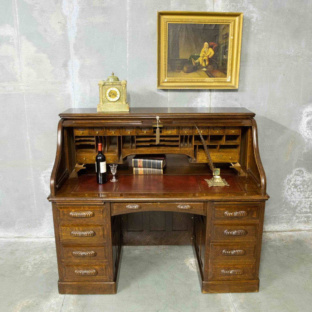Edwardian Oak Roll Top Desk View VI