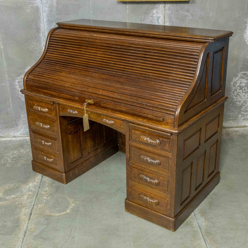 Edwardian Oak Roll Top Desk View VII