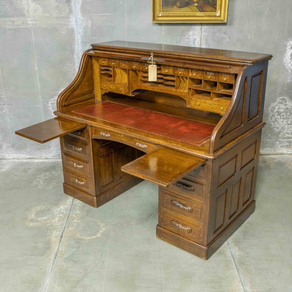 Edwardian Oak Roll Top Desk View VIII