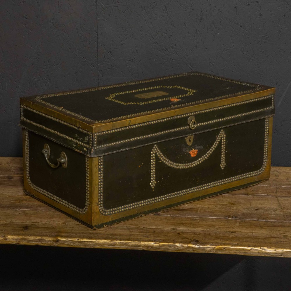 An early nineteenth-century dark green leather coaching trunk featuring brass stud embellishments in a festoon pattern and side carrying handles. View VIII