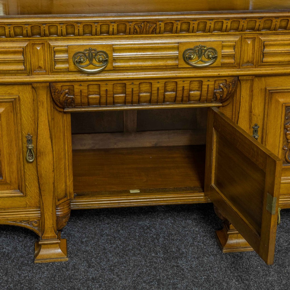 Edwardian Oak Sideboard by J. Cambell & Co Cabinet Makers Glasgow View IV