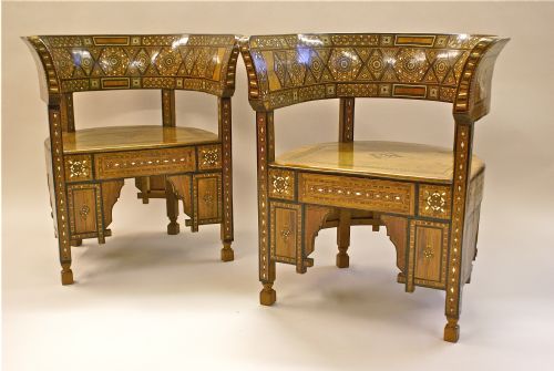 A Pair of 19th C. Syrian Barrel Form Armchairs,