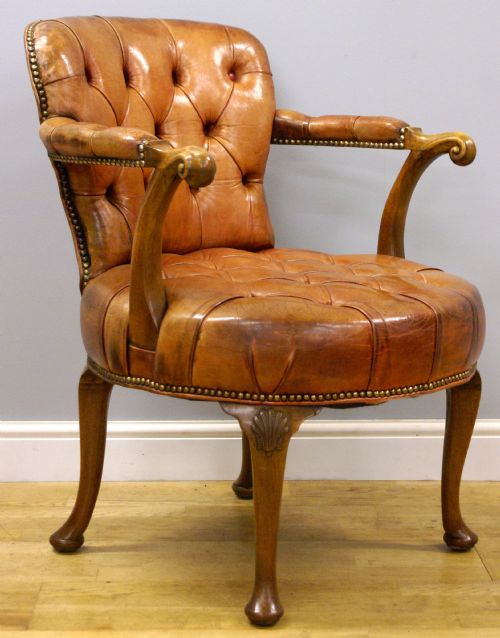 A Queen Anne Style Walnut and Leather Desk Chair