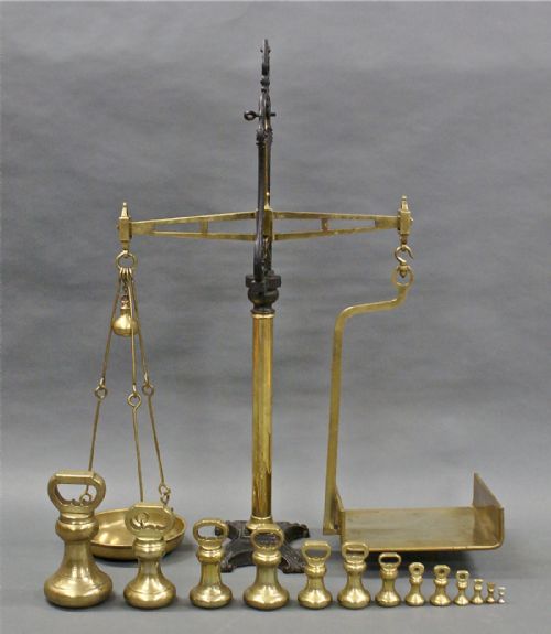 Victorian Brass & Iron Balance Scales and Full Set of Bell Weights

