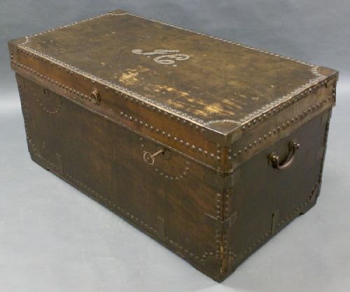 19th Century China Trade Leather and Brass Banded Camphor Wood Trunk