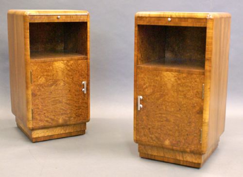 A Pair of Art Deco, Burl Walnut Bedside Pot Cupboards