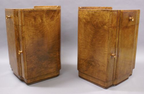 Pair of English Art Deco Burr Walnut Bedside Cupboards / Cabinets (Circa 1930)