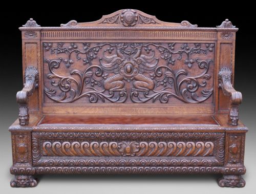 A Very Impressive Carved Oak Hall Bench