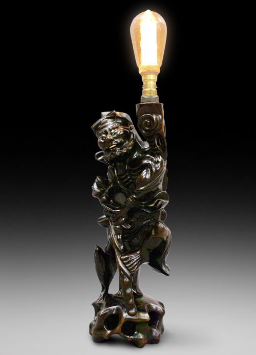 A 19th Century Japanese Carved Wooden Figure/lamp