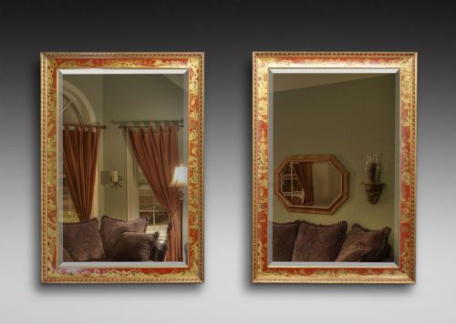 A Pair of Chinoiserie, Red Japanned Mirrors