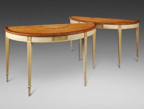 A Large Pair of Satinwood & Painted Console Tables
