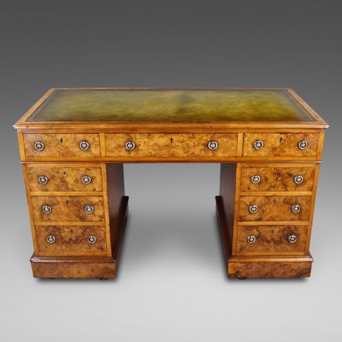 A VICTORIAN BURR WALNUT PEDESTAL DESK
