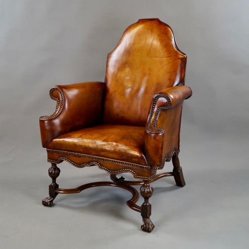 A 18TH CENTURY STYLE WALNUT LEATHER ARM CHAIR - ADDITIONAL PHOTO 1