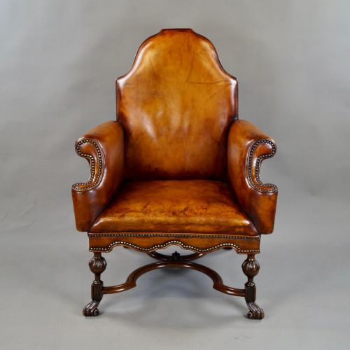 A 18TH CENTURY STYLE WALNUT LEATHER ARM CHAIR - ADDITIONAL PHOTO 2