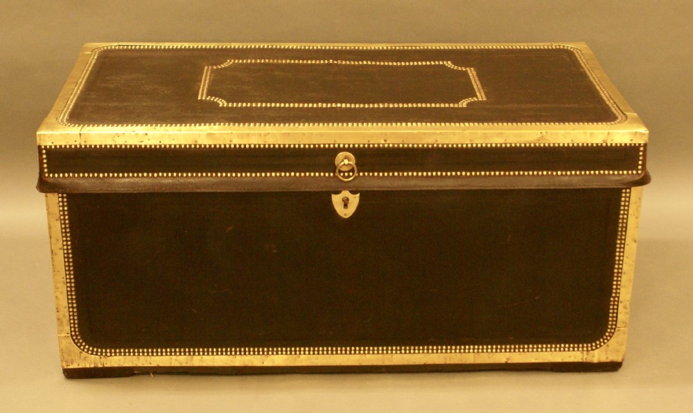 English Campaign Leather and Camphor Wood Trunk