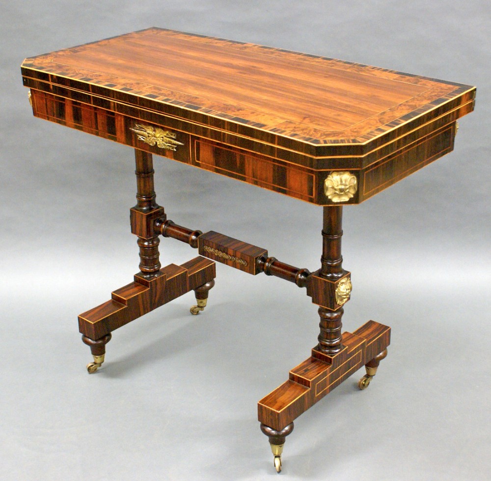 A Regency rosewood, burl yew wood and cormandel card table