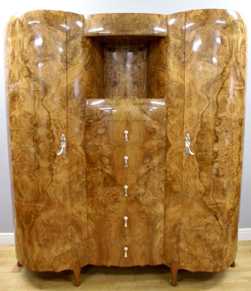 An amazing Maurice Adams, Art Deco burl walnut wardrobe