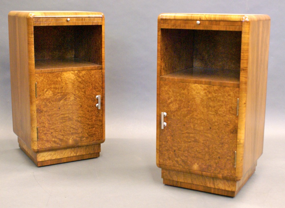 A pair of Art Deco, burl walnut bedside pot cupboards