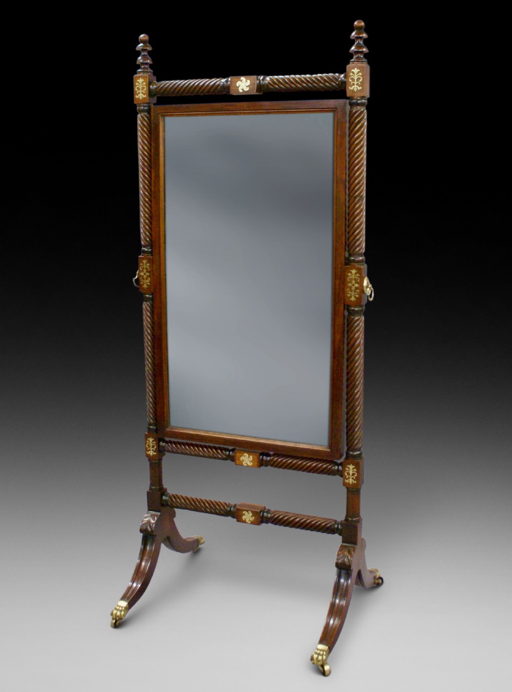 Regency rosewood and brass inlaid cheval mirror
