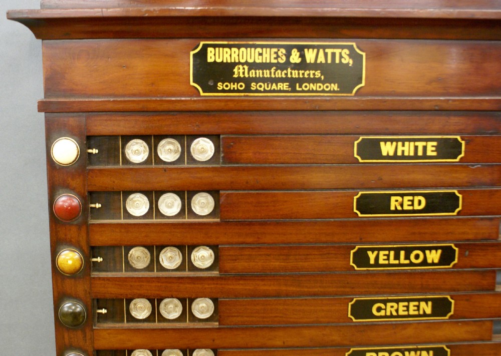 A wall-mounted nineteenth-century mahogany Life Pool scoreboard featuring horizontal wooden slides with coloured ball labels and a brass makers plaque at the top. View V
