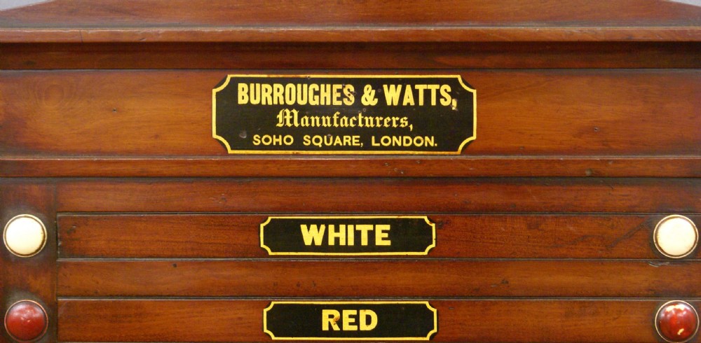 A wall-mounted nineteenth-century mahogany Life Pool scoreboard featuring horizontal wooden slides with coloured ball labels and a brass makers plaque at the top. View VI