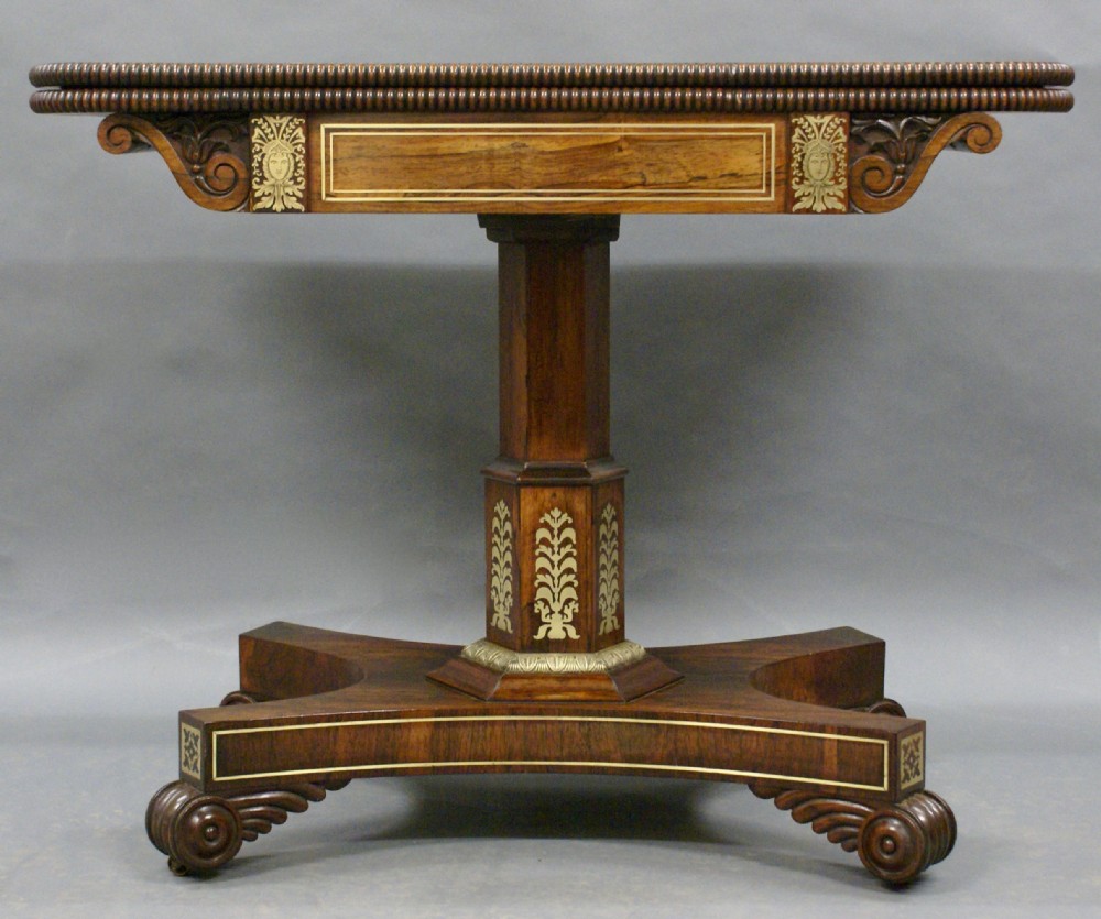 A Regency rosewood & brass inlaid card table View III
