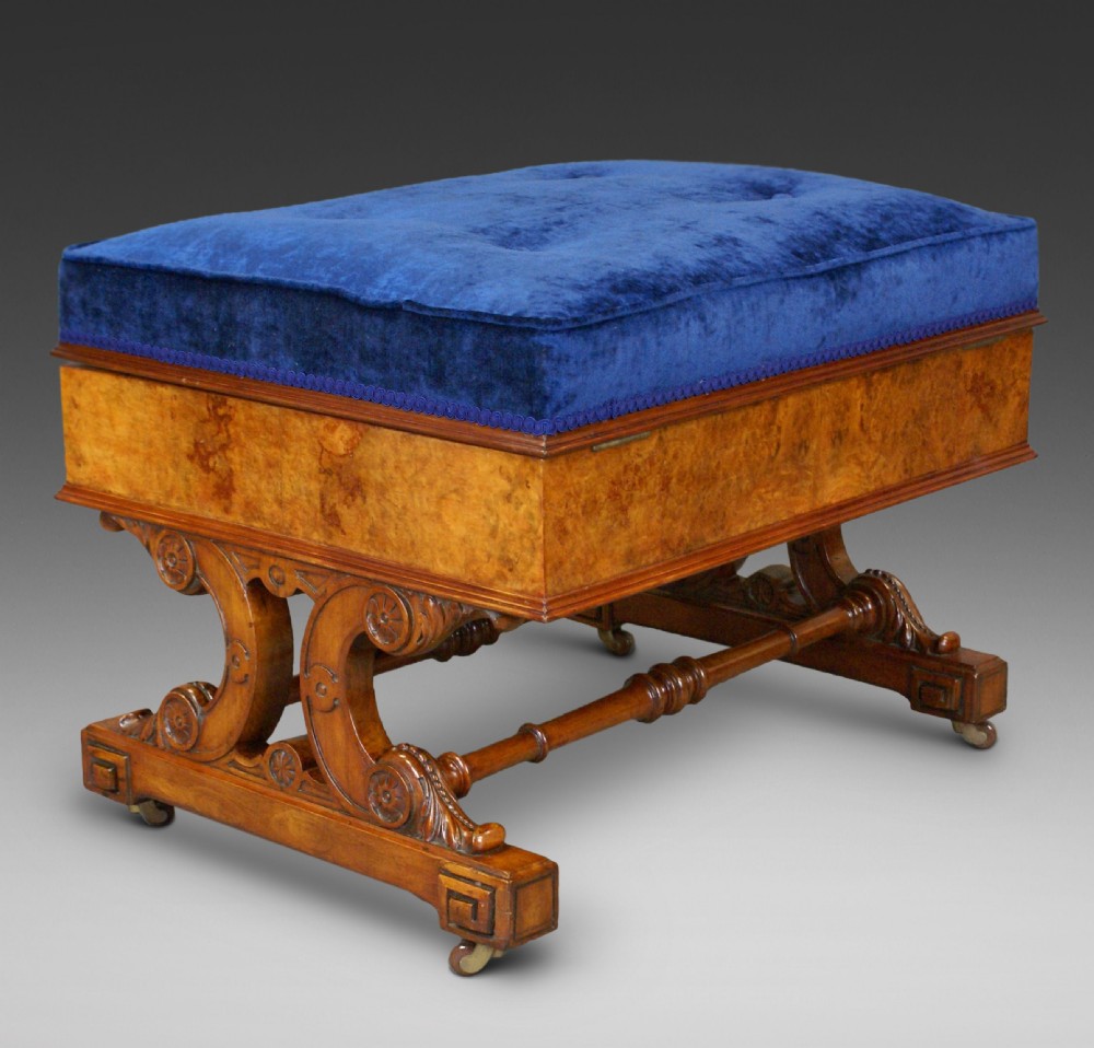 A large Victorian burr walnut stool