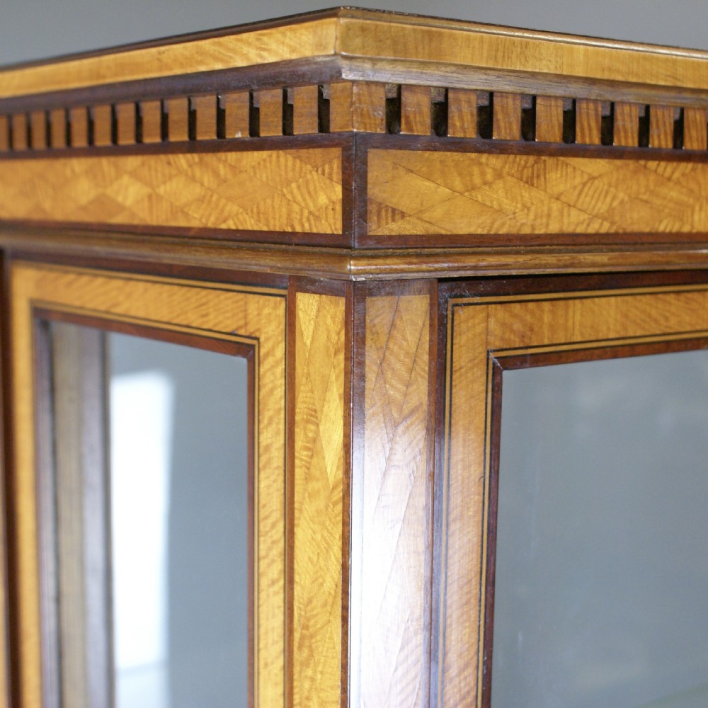 A tall standing satinwood display cabinet with glazed side panels, a single glass door, and a lower geometric parquetry panel raised on tapered legs. View VII