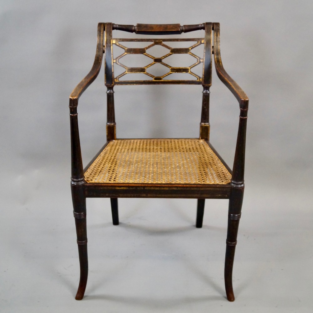 A Fine Regency Ebonised & Gilt Decorated Arm Chair View VI