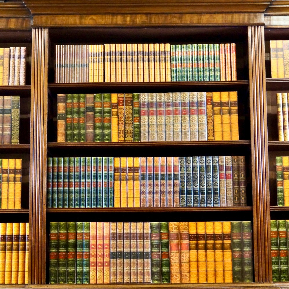 A late George III mahogany breakfront open bookcase featuring fluted pilasters, adjustable upper shelving, and panelled cupboard doors below. View II