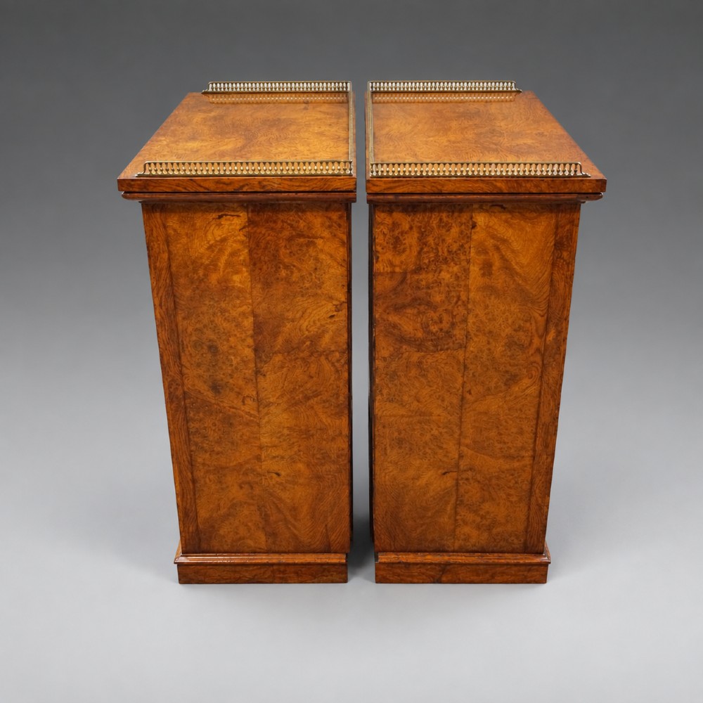 A pair of warm brown Gothic Revival wooden side cabinets featuring carved top drawers, single panel doors, and brass gallery rails along the tops. View IV
