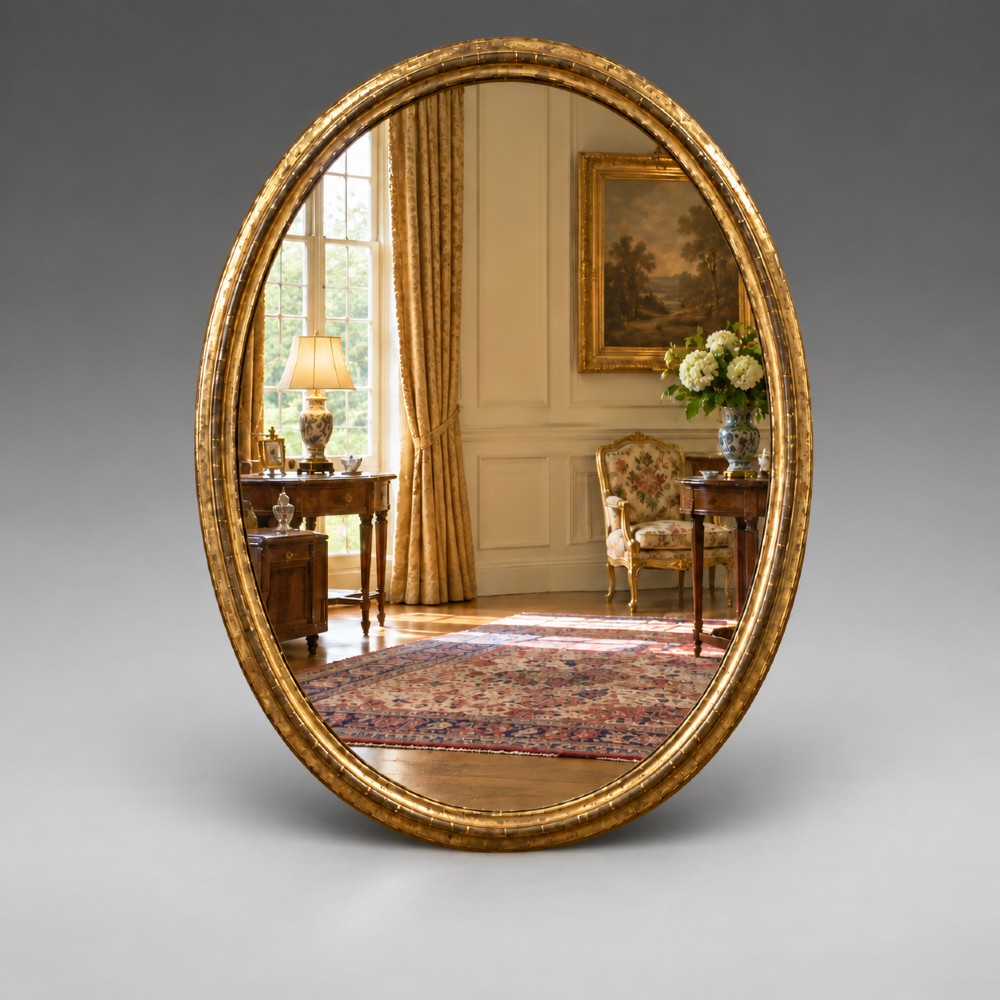 A large 19th-century oval wall mirror featuring a gilded wood frame with subtle beaded moulding.