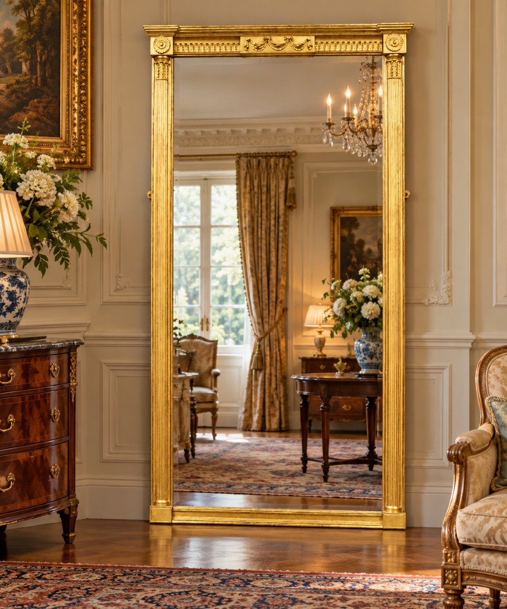 A tall rectangular George III giltwood pier mirror with fluted pilasters, a central drapery swag frieze, and a two-section mirror plate. View II