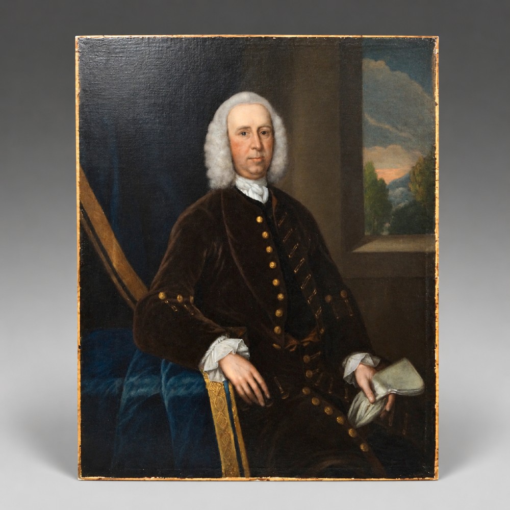 An 18th-century oil portrait depicting a seated gentleman wearing a white wig and a dark brown velvet coat with gold buttons, set against a dark curtain and an open window landscape.