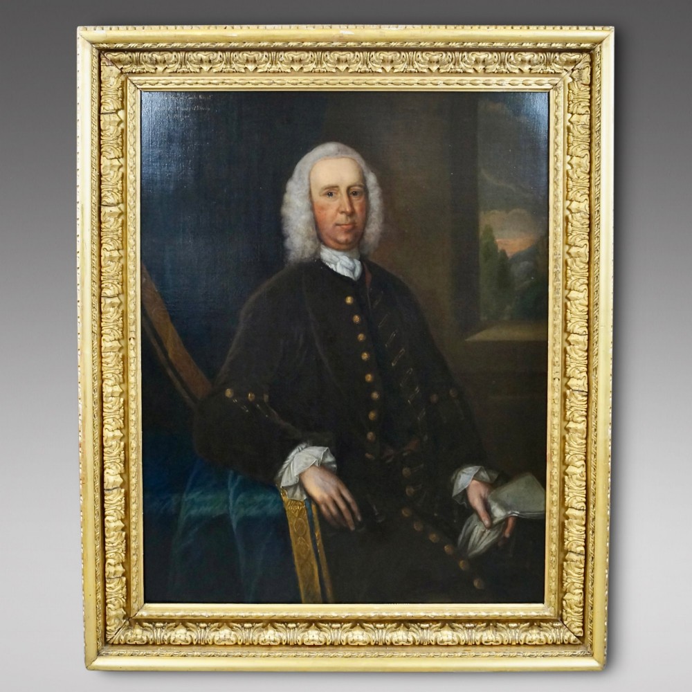 An 18th-century oil portrait depicting a seated gentleman wearing a white wig and a dark brown velvet coat with gold buttons, set against a dark curtain and an open window landscape. View II