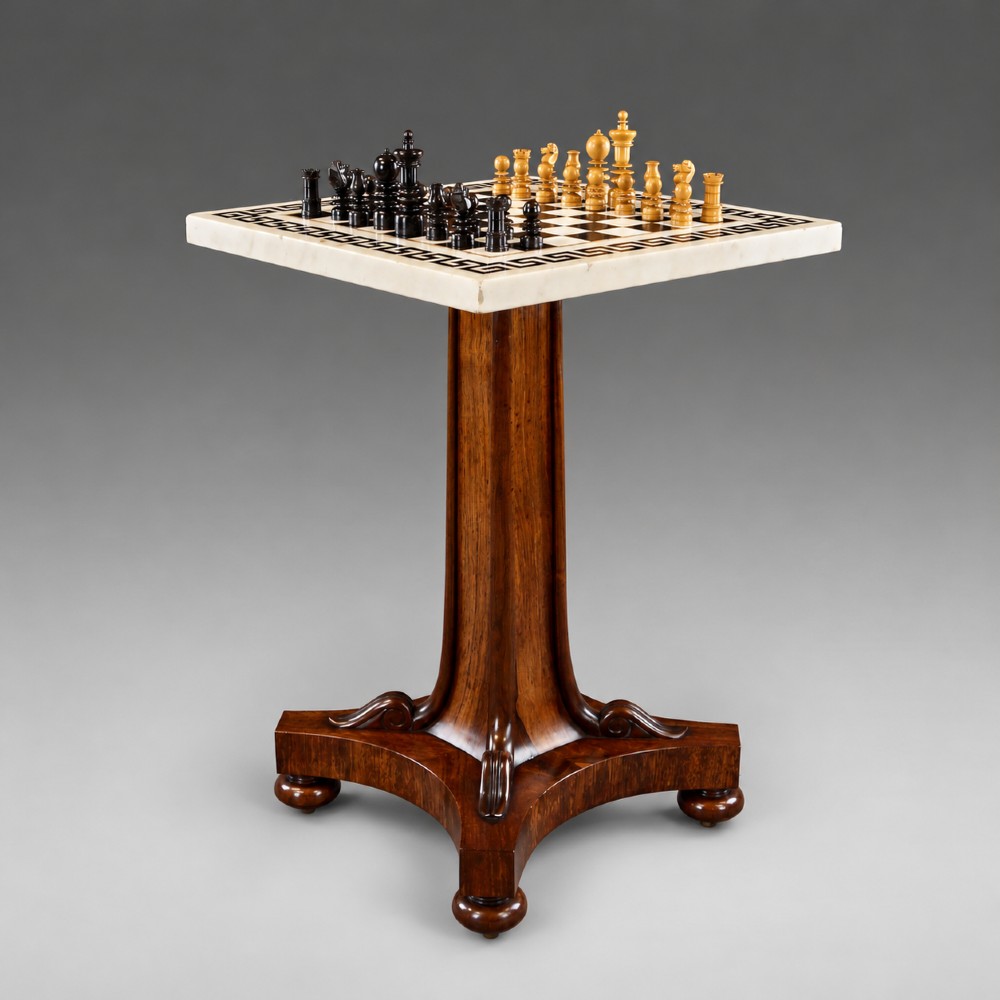 A Regency rosewood chess table featuring a square white and black marble inlaid chessboard top with a Greek key border set upon a flared central pedestal and quadripartite base. View II