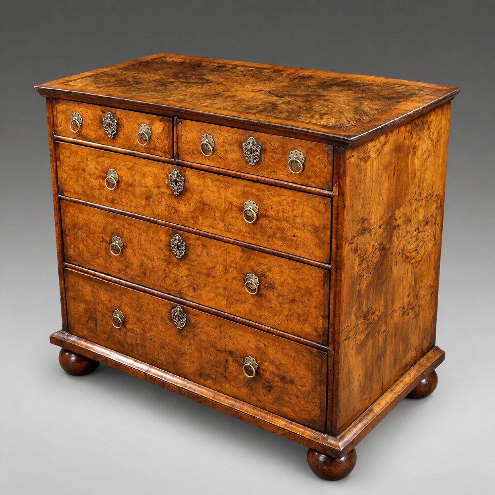 A Queen Anne burr walnut chest of drawers featuring two short over three long graduated drawers with brass drop handles and bun feet.