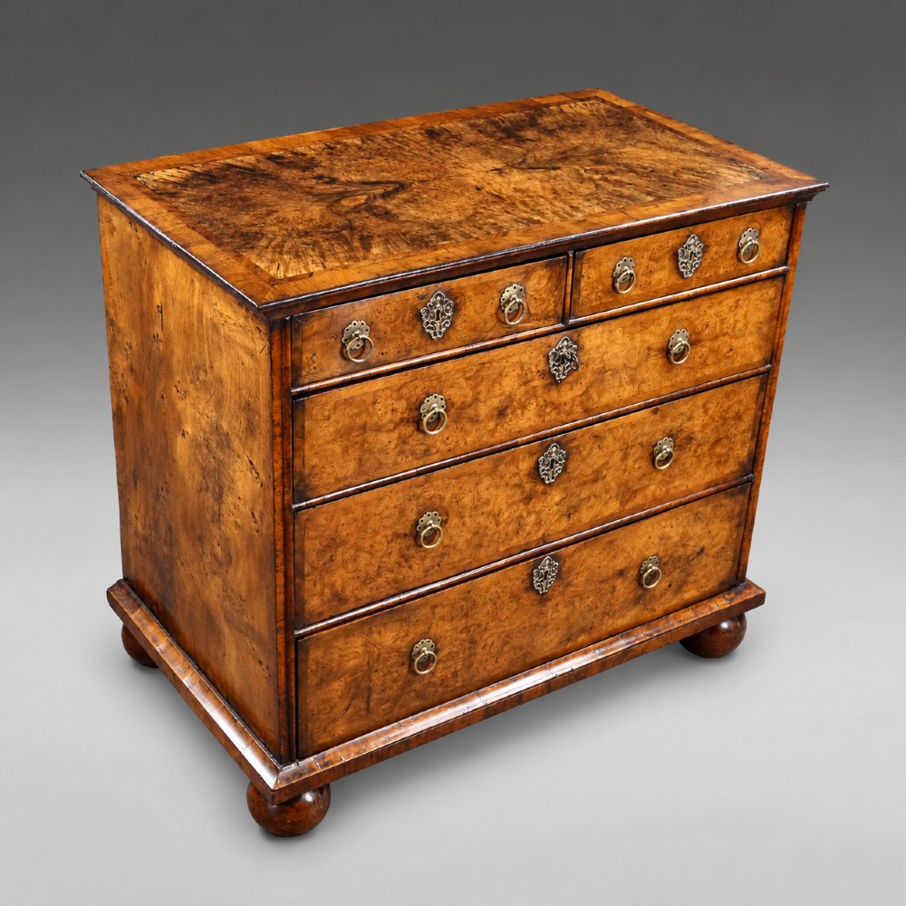 A Queen Anne burr walnut chest of drawers featuring two short over three long graduated drawers with brass drop handles and bun feet. View IV