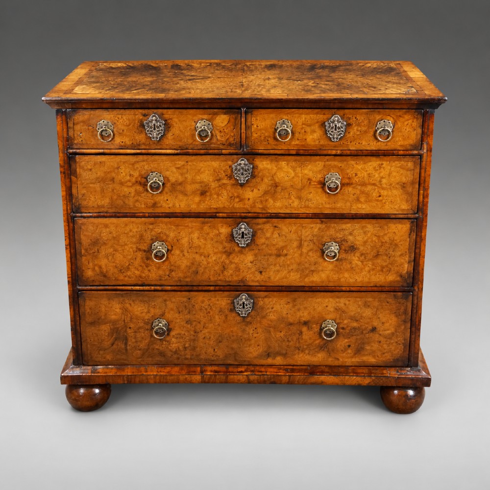 A Queen Anne burr walnut chest of drawers featuring two short over three long graduated drawers with brass drop handles and bun feet. View V